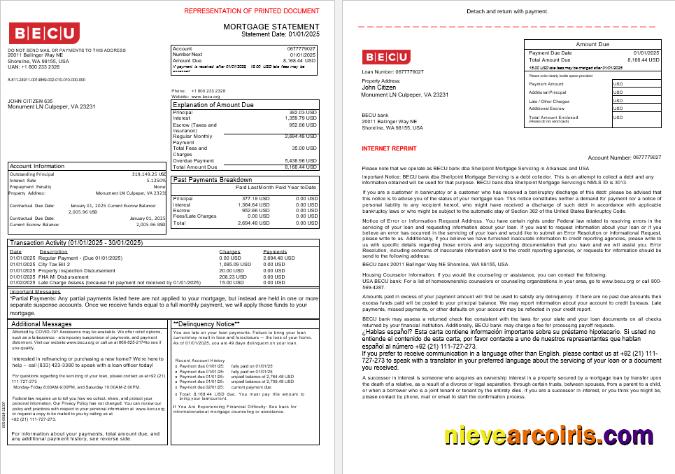 USA BECU bank mortgage statement, 3 pages 1-2